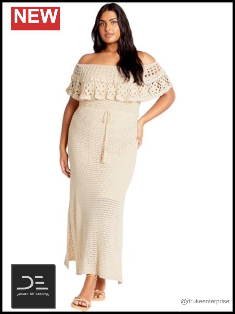 Women's Crochet Midi Dress Off Shoulder Short Sleeve Tassel Waist